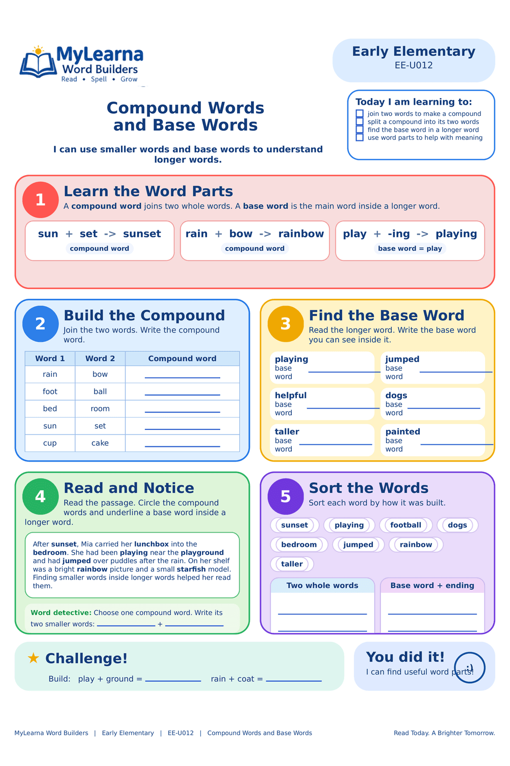 Compound Words and Base Words worksheet preview