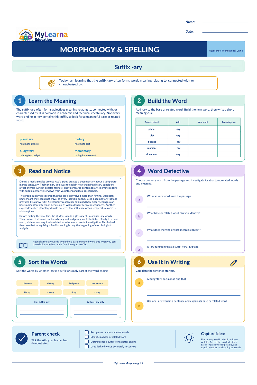 Suffix Ary worksheet preview