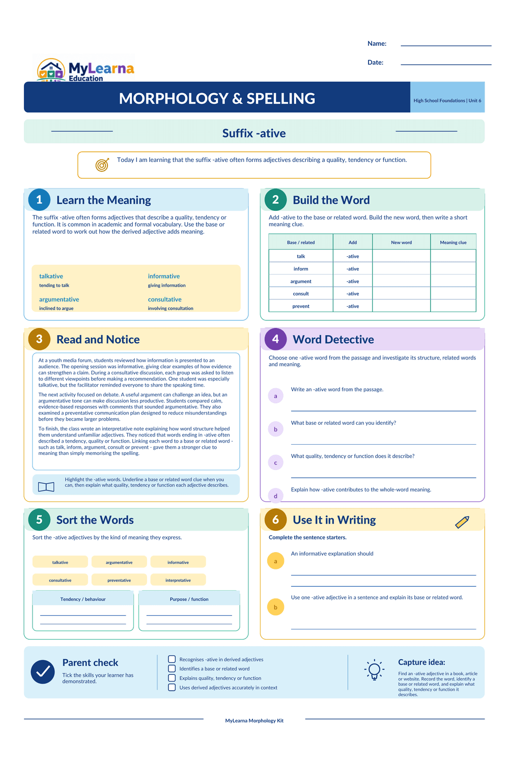 Suffix Ative worksheet preview