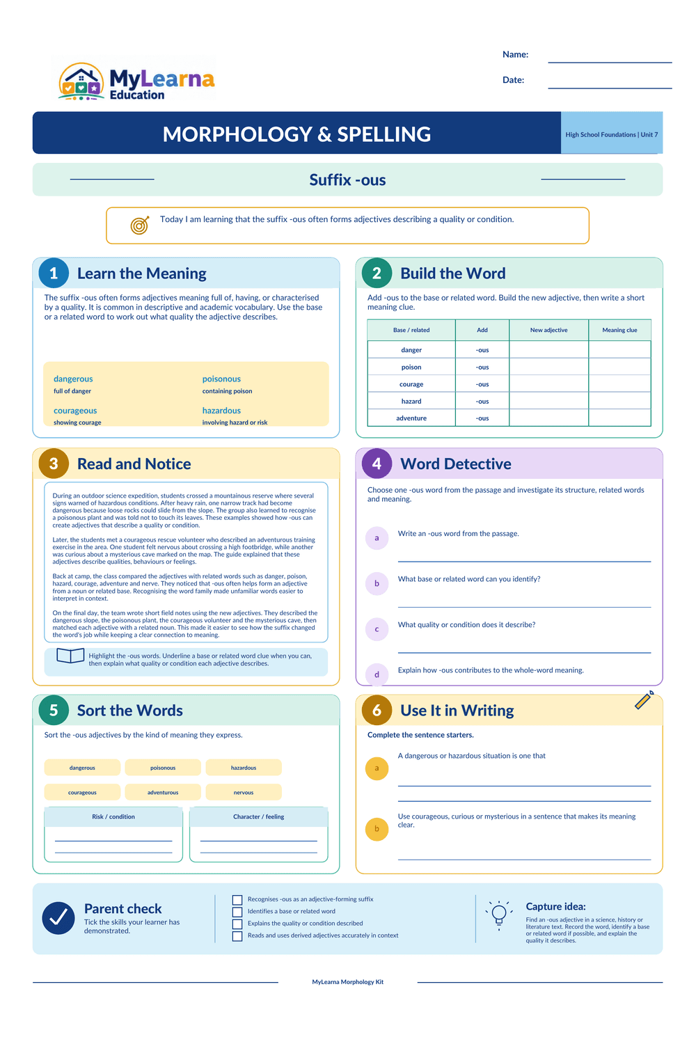 Suffix Ous worksheet preview