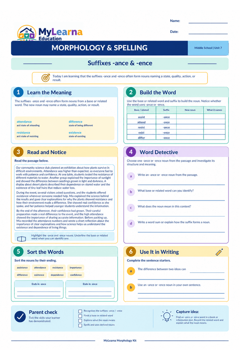 Suffix Ance Ence worksheet preview