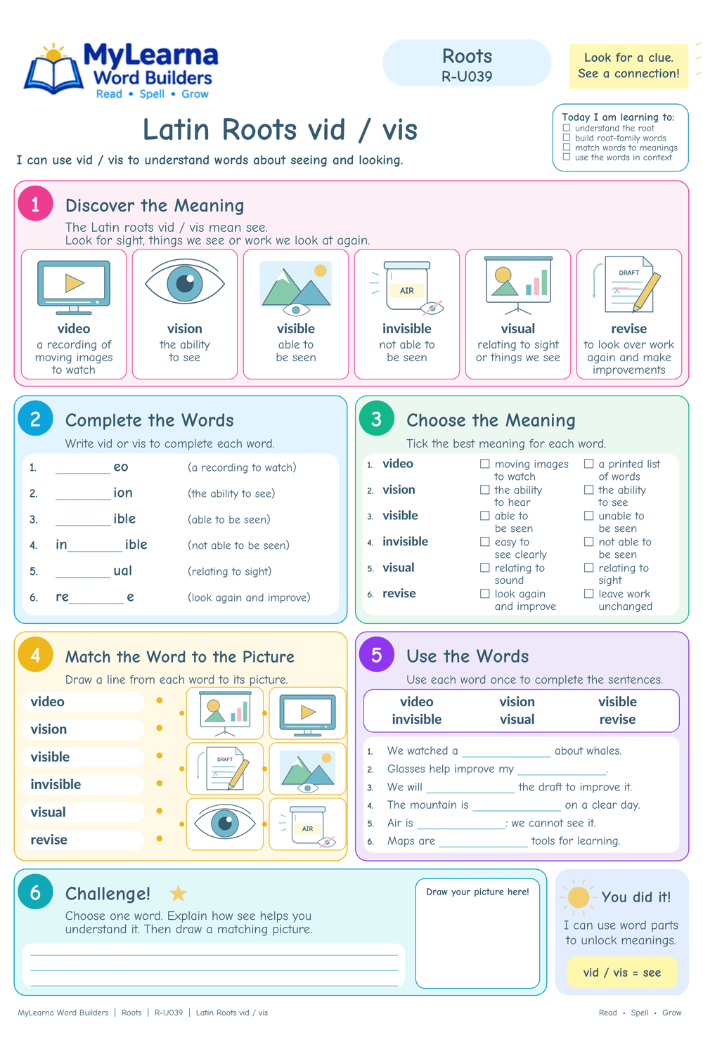 Latin Roots vid / vis worksheet preview