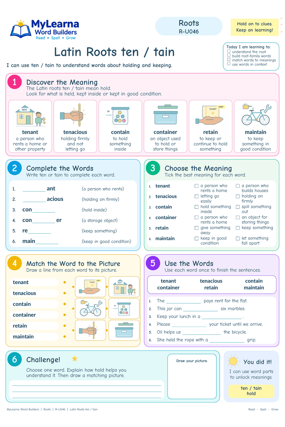 Latin Roots ten / tain worksheet preview