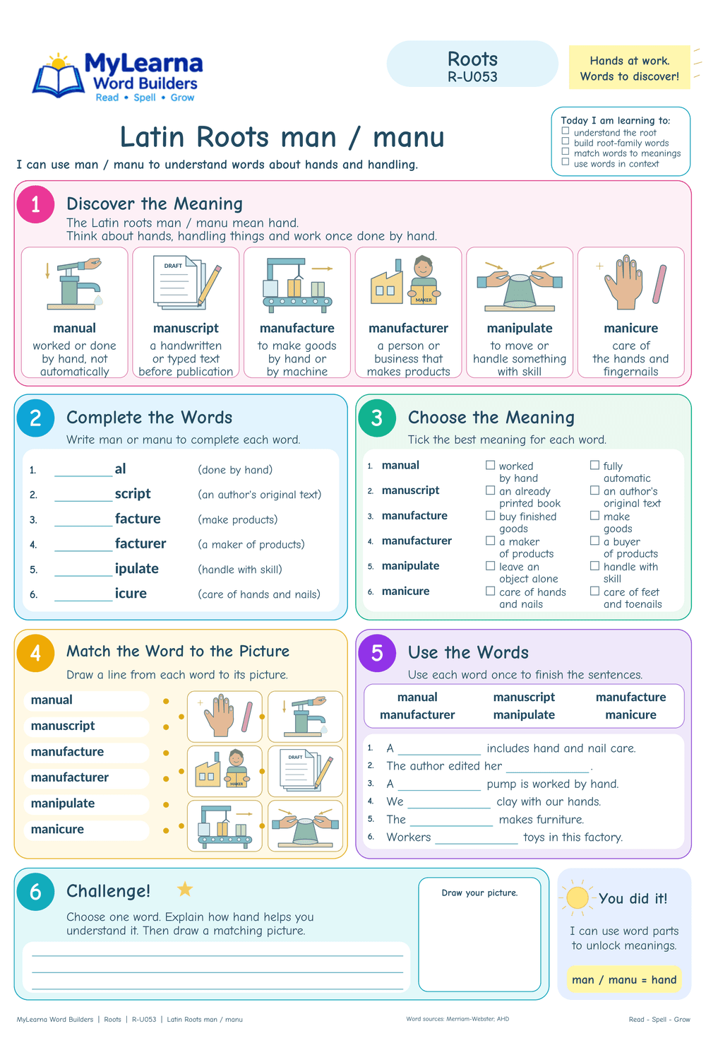 Latin Roots man / manu worksheet preview