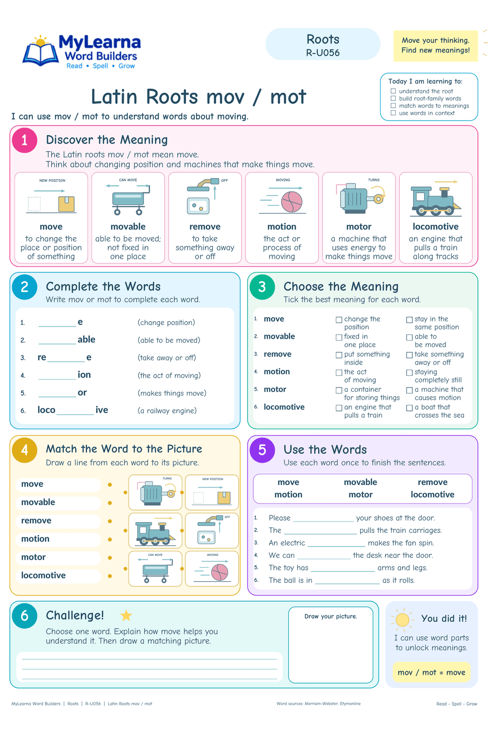 Latin Roots mov / mot worksheet preview